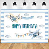 Lofaris Cartoon Blue Sky Airplane Happy Birthday Backdrop White Clouds Party Decor Kids Photo Prop