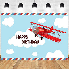 Lofaris Cartoon Blue Sky Airplane Happy Birthday Backdrop White Clouds Party Decor Kids Photo Prop