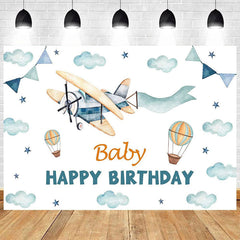 Lofaris Cartoon Blue Sky Airplane Happy Birthday Backdrop White Clouds Party Decor Kids Photo Prop