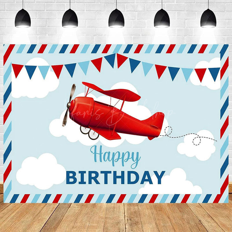 Lofaris Cartoon Blue Sky Airplane Happy Birthday Backdrop White Clouds Party Decor Kids Photo Prop