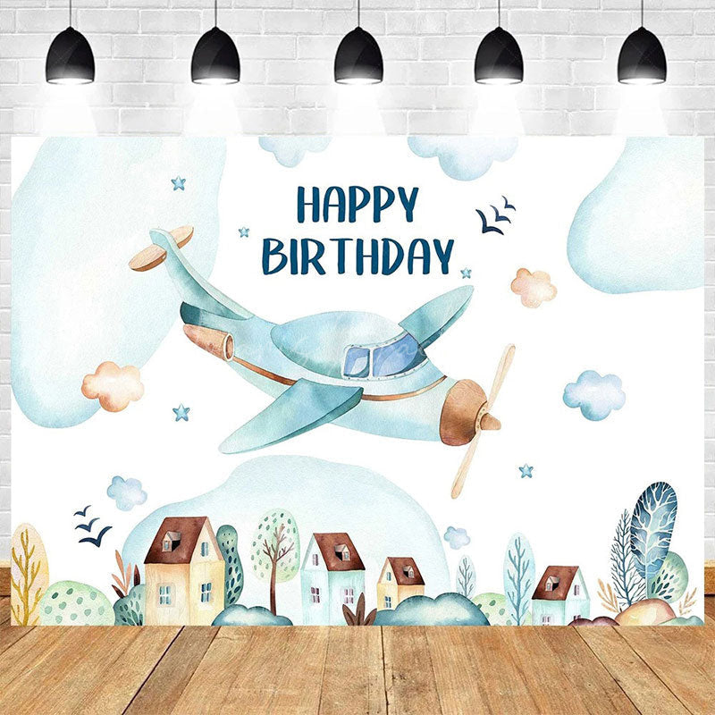 Lofaris Cartoon Blue Sky Airplane Happy Birthday Backdrop White Clouds Party Decor Kids Photo Prop