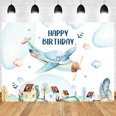 Lofaris Cartoon Blue Sky Airplane Happy Birthday Backdrop White Clouds Party Decor Kids Photo Prop