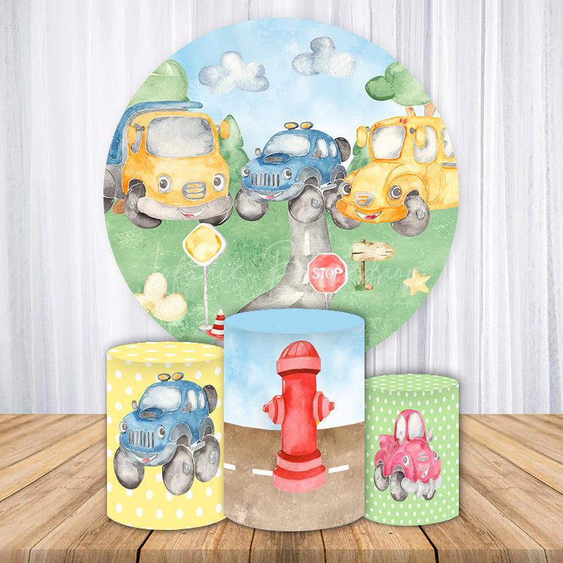 Lofaris Cartoon Car Path Round Happy Birthday Backdrop Kit