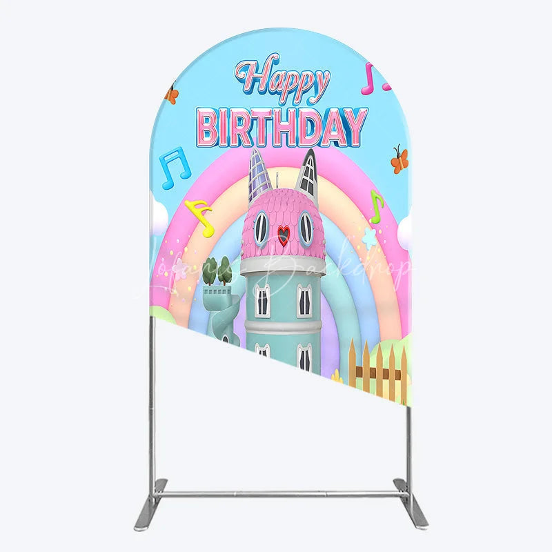 Lofaris Cartoon Cat Castle Arch Backdrop Rainbow Music Notes Birthday Party Decor Blue Sky Theme Background for Girls