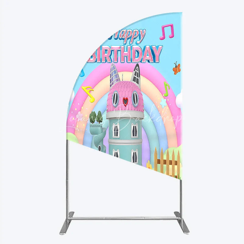 Lofaris Cartoon Cat Castle Half Moon Arch Backdrop Rainbow Music Notes Birthday Party Decor Blue Sky Theme Background for Girls