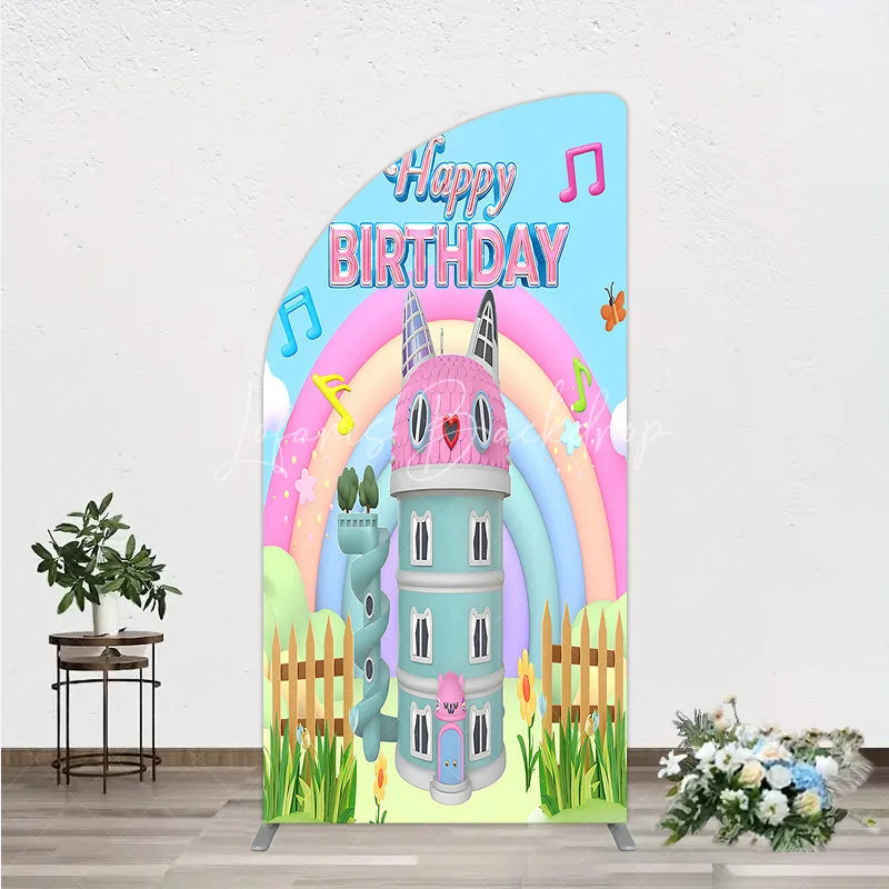 Lofaris Cartoon Cat Castle Half Moon Arch Backdrop Rainbow Music Notes Birthday Party Decor Blue Sky Theme Background for Girls