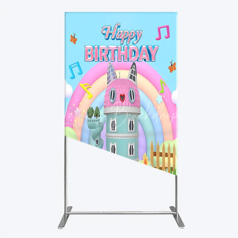 Lofaris Cartoon Cat Castle Rectangle Backdrop Rainbow Music Notes Birthday Party Decor Blue Sky Theme Background for Girls