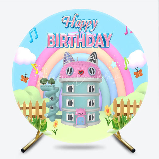 Lofaris Cartoon Cat House Round Backdrop Rainbow Music Note Birthday Decoration Magic Dollhouse Background