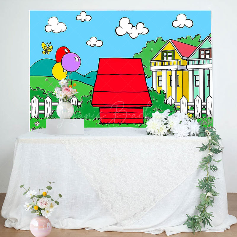 Lofaris Cartoon Green Grass Red House Birthday Backdrop