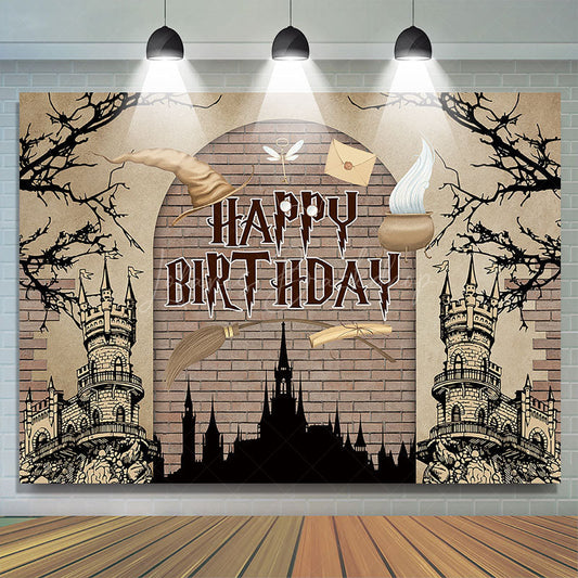 Lofaris Cartoon Magic Academy Castle Happy Birthday Backdrop