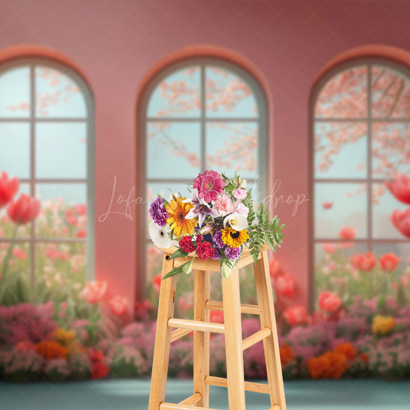 Lofaris Cartoon Oil Painting Tulip Pink Room Window Backdrop