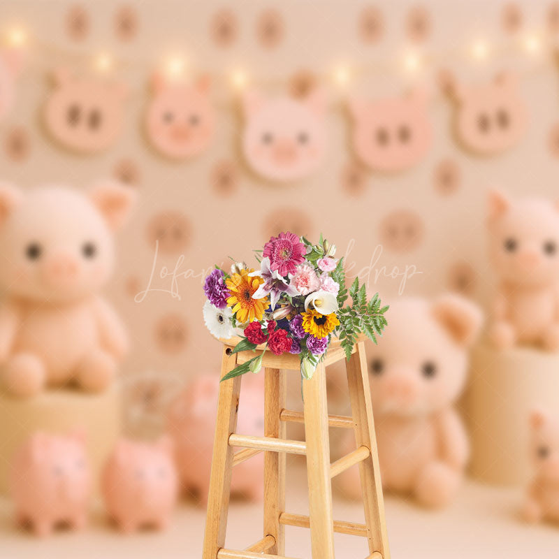 Lofaris Cartoon Pigs Lightings Sweet Cake Smash Backdrop