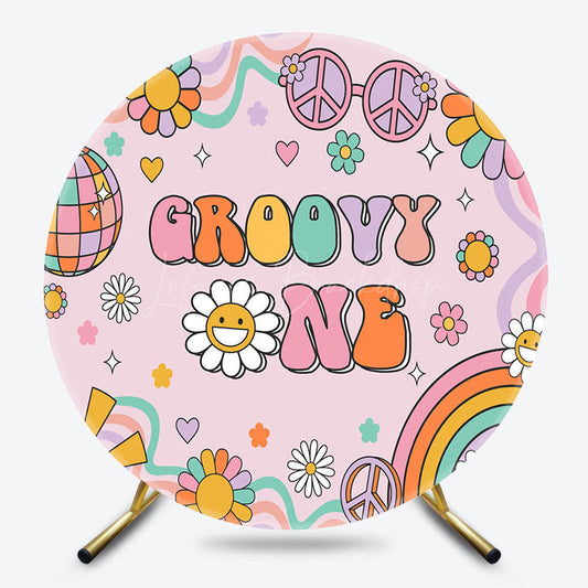 Lofaris Cartoon Pink Daisy Groovy One Round Birthday Backdrop