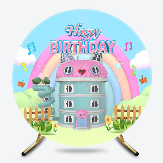 Lofaris Cartoon Rainbow Cat House Round Birthday Backdrop