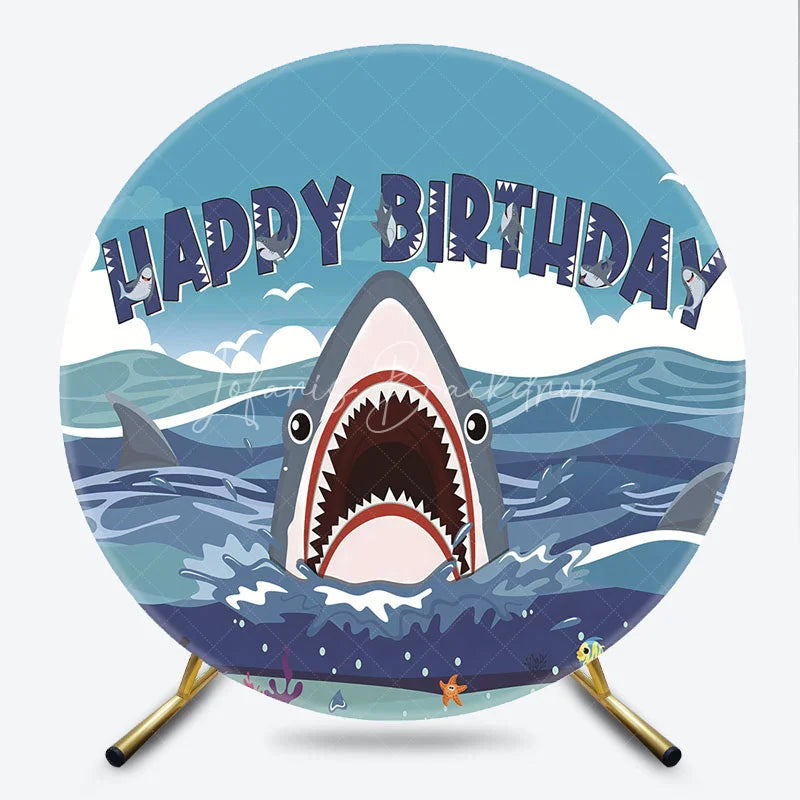Lofaris Cartoon Shark Happy Birthday Round Backdrop Blue Ocean Underwater Adventure Party Decor for Kids