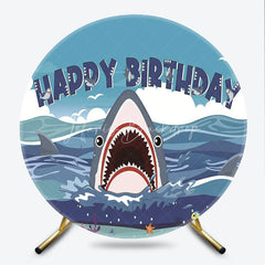 Lofaris Cartoon Shark Happy Birthday Round Backdrop Blue Ocean Underwater Adventure Party Decor for Kids
