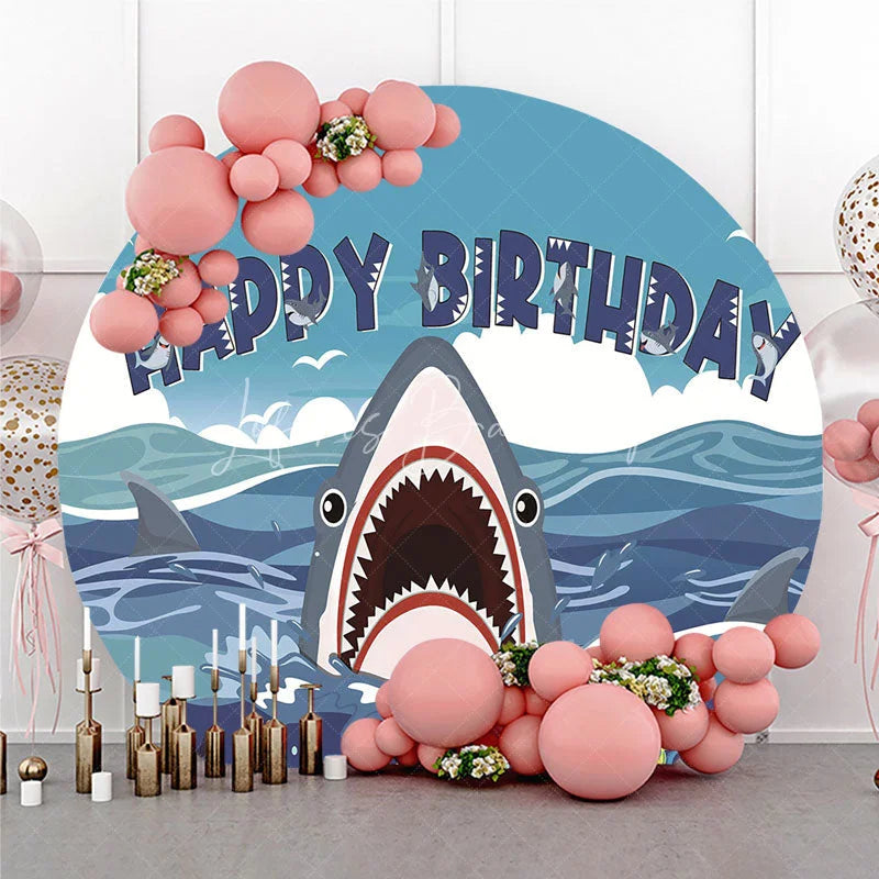 Lofaris Cartoon Shark Happy Birthday Round Backdrop Blue Ocean Underwater Adventure Party Decor for Kids