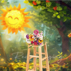 Lofaris Cartoon Smiling Sun Forest Backdrop Cute Sunbeams Green Woods Photography Background for Baby Shower Party