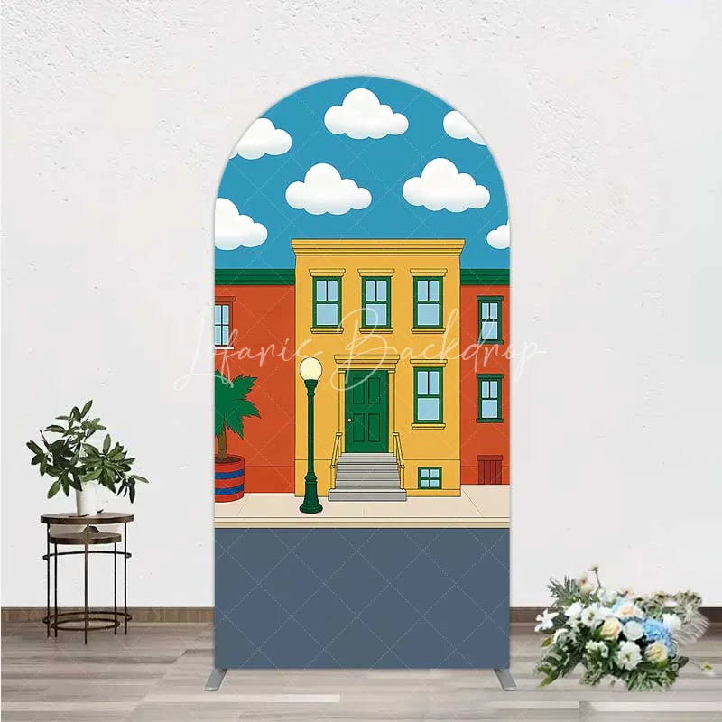 Lofaris Cartoon Street and House Arch Backdrop Neighborhood Building Photography Background