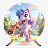 Lofaris Cartoon Unicorn Rainbow Dots Round Birthday Backdrop