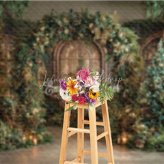 Lofaris Cathedral Window Christmas Backdrop Green Garland Gold Tree Photography Background