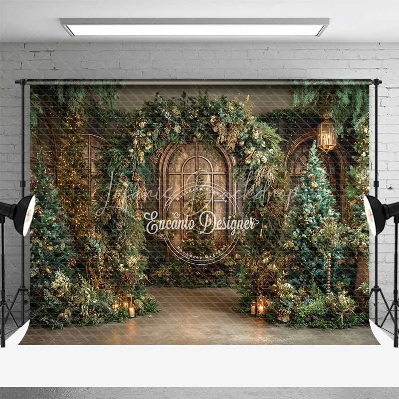Lofaris Cathedral Window Christmas Backdrop Green Garland Gold Tree Photography Background