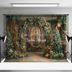 Lofaris Cathedral Window Christmas Backdrop Green Garland Gold Tree Photography Background