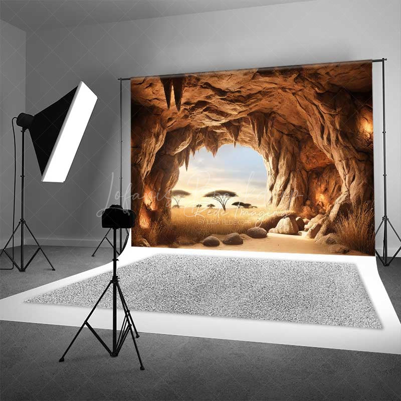 Lofaris Cave Entrance Photography Backdrop Looking out on African Savanna Nature Scenery with Acacia Trees Photo Prop