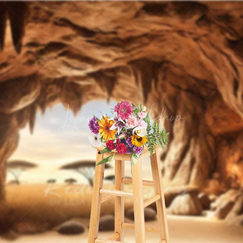 Lofaris Cave Entrance Photography Backdrop Looking out on African Savanna Nature Scenery with Acacia Trees Photo Prop