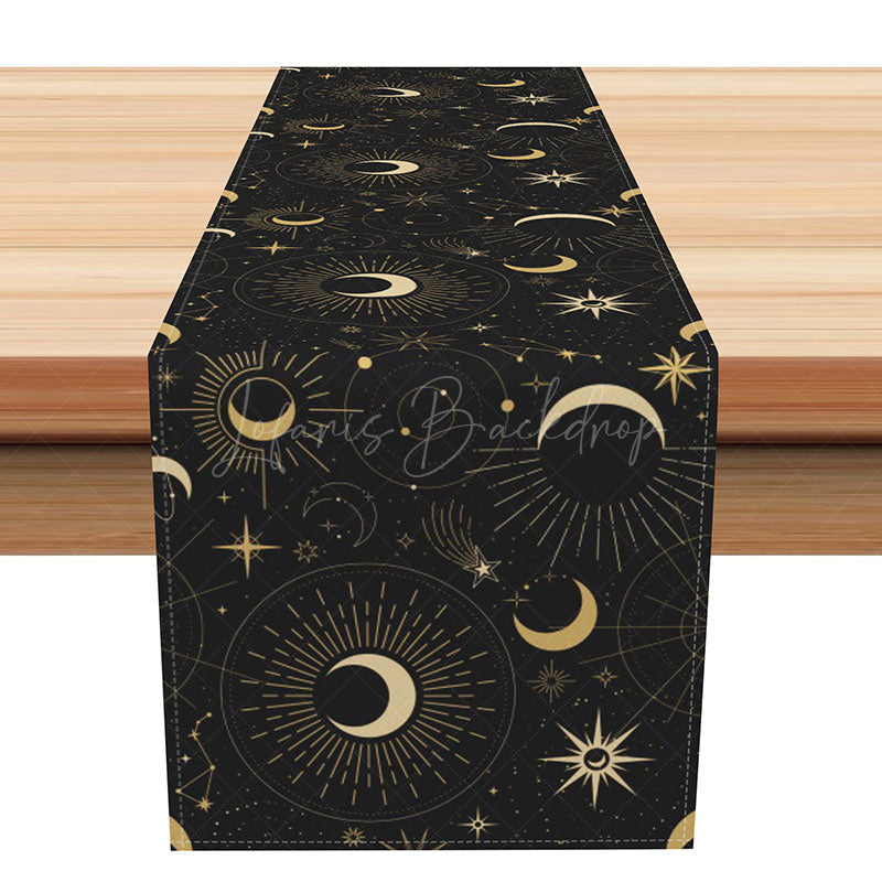 Lofaris Celestial Moon and Stars Table Runner Black Gold Islamic Ramadan Decor Eid Mubarak Dining Decoration