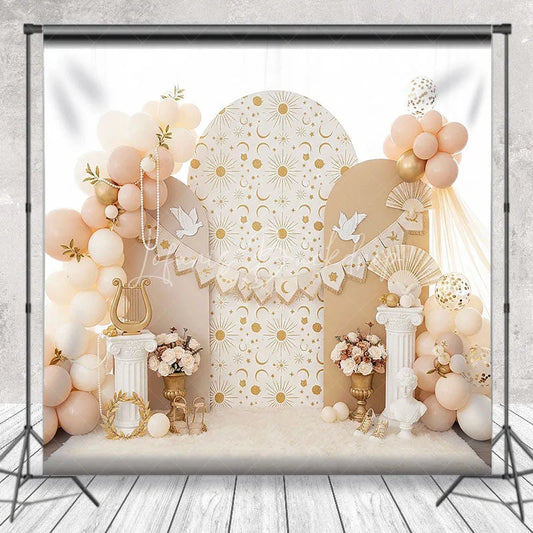 Lofaris Celestial Sun and Moon Arch Backdrop White Dove Greek Column for Birthday Party