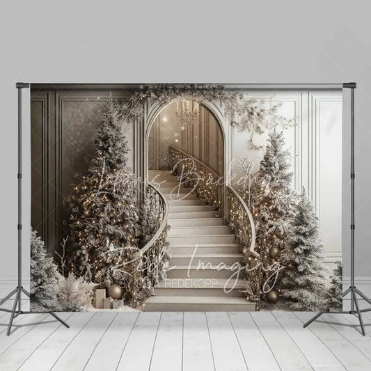 Lofaris Champagne Christmas Staircase Backdrop Frosted Pine Trees Elegant Arch Chandelier Photo Background