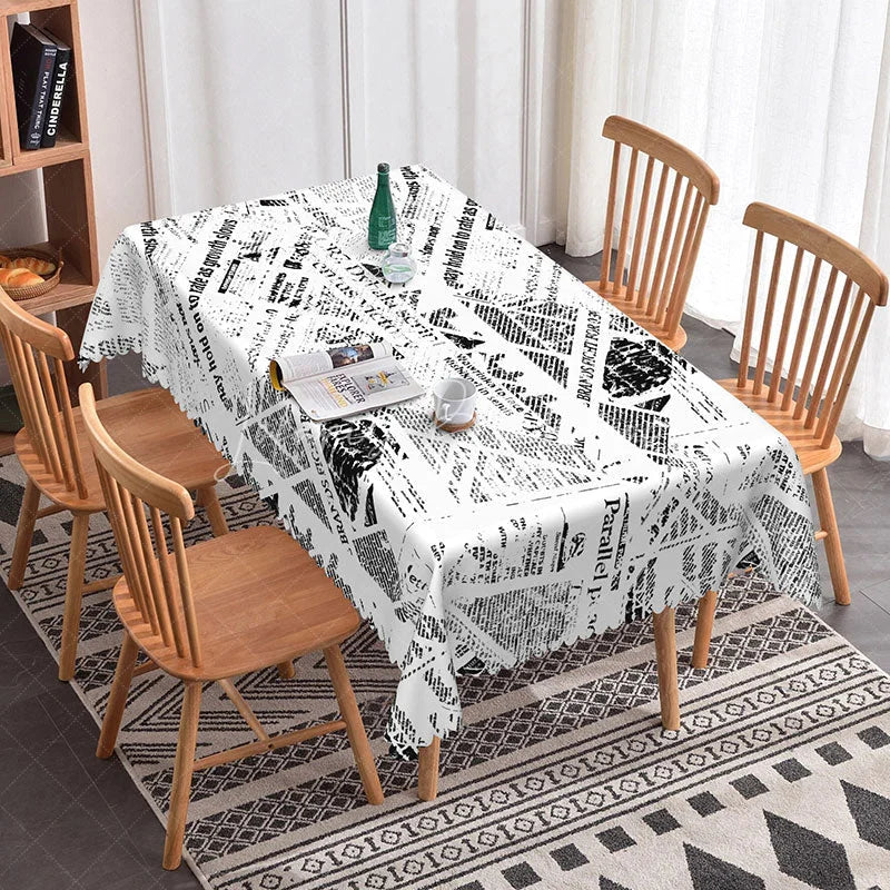 Lofaris Chaotic Black and White Newspaper Rectangle Tablecloth Abstract Text Pattern Modern Industrial Dining Decor
