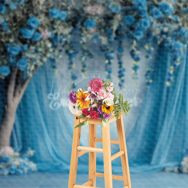 Lofaris Charming Blue Curtain Floral Wedding Photo Backdrop