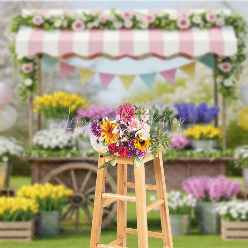 Lofaris Charming Flower Cart Photography Backdrop with Pink Striped Awning Tulips and Pastel Balloons for Spring Garden Party