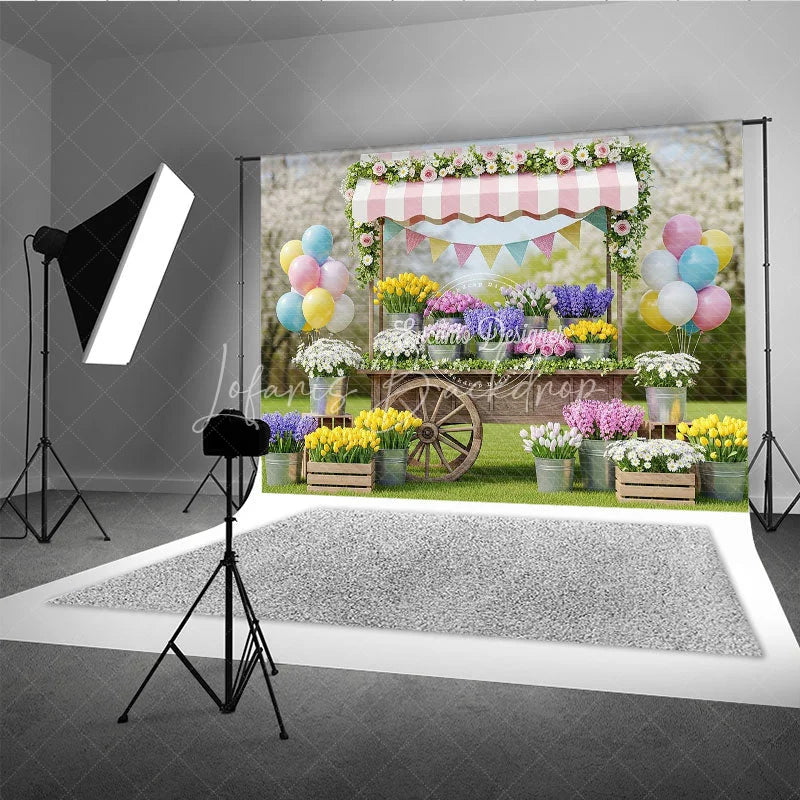 Lofaris Charming Flower Cart Photography Backdrop with Pink Striped Awning Tulips and Pastel Balloons for Spring Garden Party