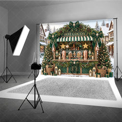 Lofaris Charming Green and Gold Hot Cocoa Holiday Backdrop Snowy Village Christmas Party Decor with Gingerbread Houses