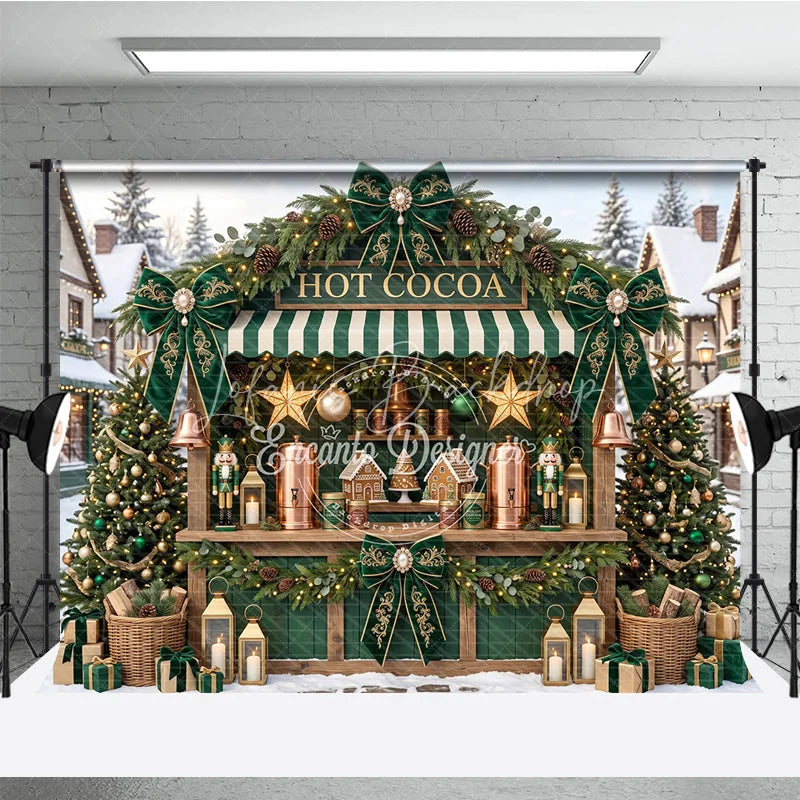 Lofaris Charming Green and Gold Hot Cocoa Holiday Backdrop Snowy Village Christmas Party Decor with Gingerbread Houses