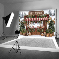 Lofaris Charming Hot Cocoa Stand Holiday Backdrop with Snowy Winter Scene Gingerbread Houses and Christmas Decor