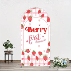 Lofaris Charming Pink Gingham Strawberry Berry First Birthday Round Top Arch Backdrop Sweet Party Decor