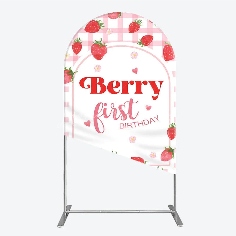 Lofaris Charming Pink Gingham Strawberry Berry First Birthday Round Top Arch Backdrop Sweet Party Decor