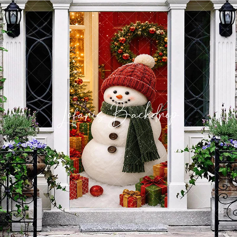 Lofaris Charming Snowman with Red Knitted Hat and Green Scarf Christmas Door Cover Winter Holiday Party Decoration