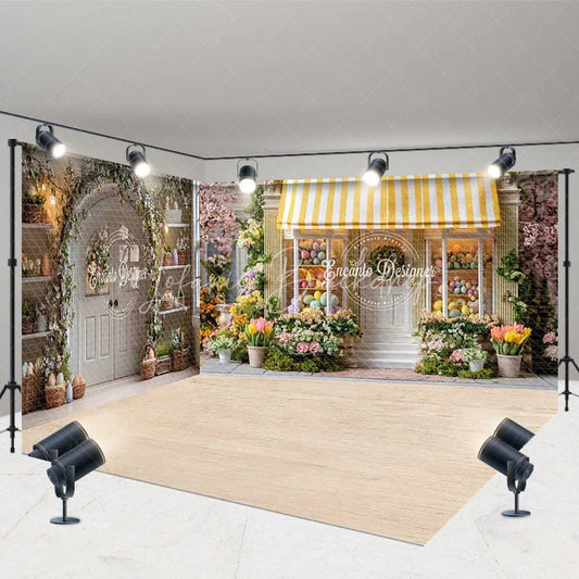 Lofaris Charming Spring Easter Room Set Backdrop with Yellow Striped Awning Colorful Flowers and Eggs for Photography