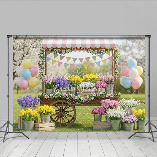 Lofaris Charming Spring Garden Flower Cart Photography Backdrop Pastel Balloons and Floral Market Decor