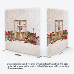 Lofaris Charming Strawberry Farmhouse White Brick Wall Wooden Door Square Double-Sided Backdrop Spring Summer Party Decor
