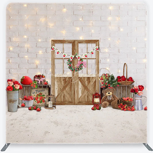 Lofaris Charming Strawberry Farmhouse White Brick Wall Wooden Door Square Double-Sided Backdrop Spring Summer Party Decor
