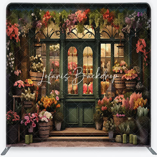Lofaris Charming Vintage Flower Shop Facade Square Tension Double-Sided Backdrop Green Door with Floral Display for Photography