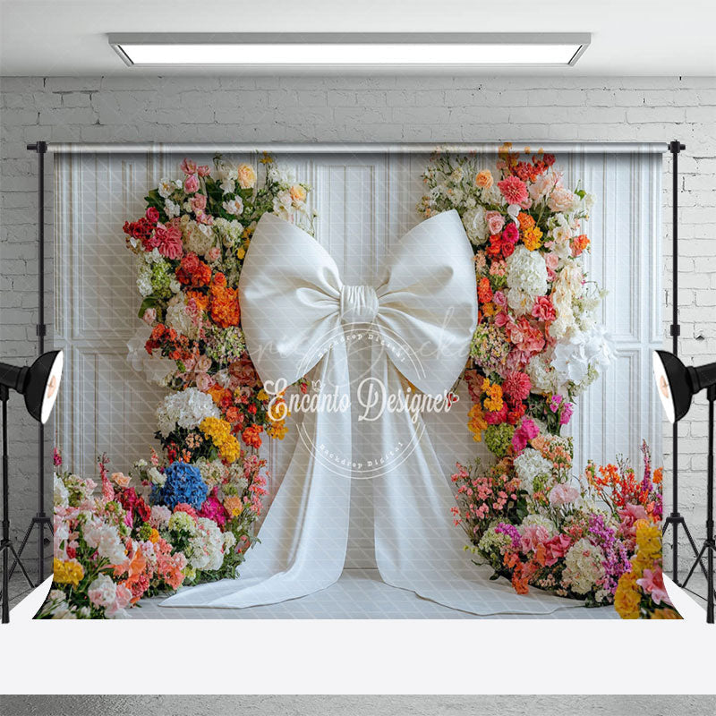 Lofaris Charming White Bow Color Floral Wedding Backdrop