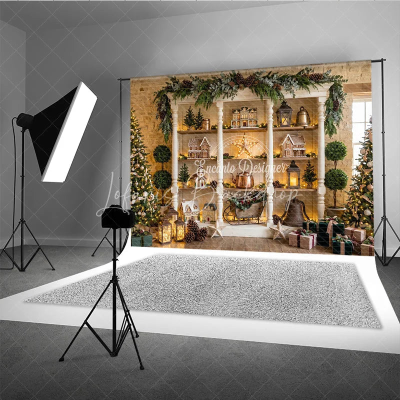 Lofaris Charming Winter Holiday Backdrop with Gingerbread Houses Decorated Christmas Trees Festive Decor Rustic Shelf Display