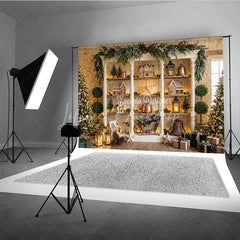 Lofaris Charming Winter Holiday Backdrop with Gingerbread Houses Decorated Christmas Trees Festive Decor Rustic Shelf Display